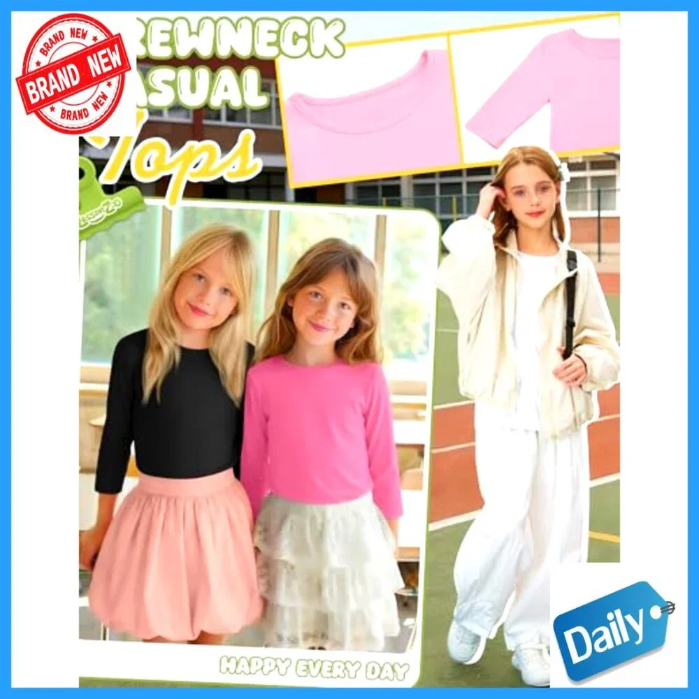 4 Pack Girls 3/4 Sleeve Tees Crewneck Basic Tops 5-14Y